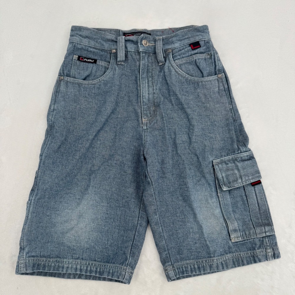 Y2K FUBU The Collection Cargo Denim Shorts Boys Sz 14 Light Wash Streetwear Vtg
